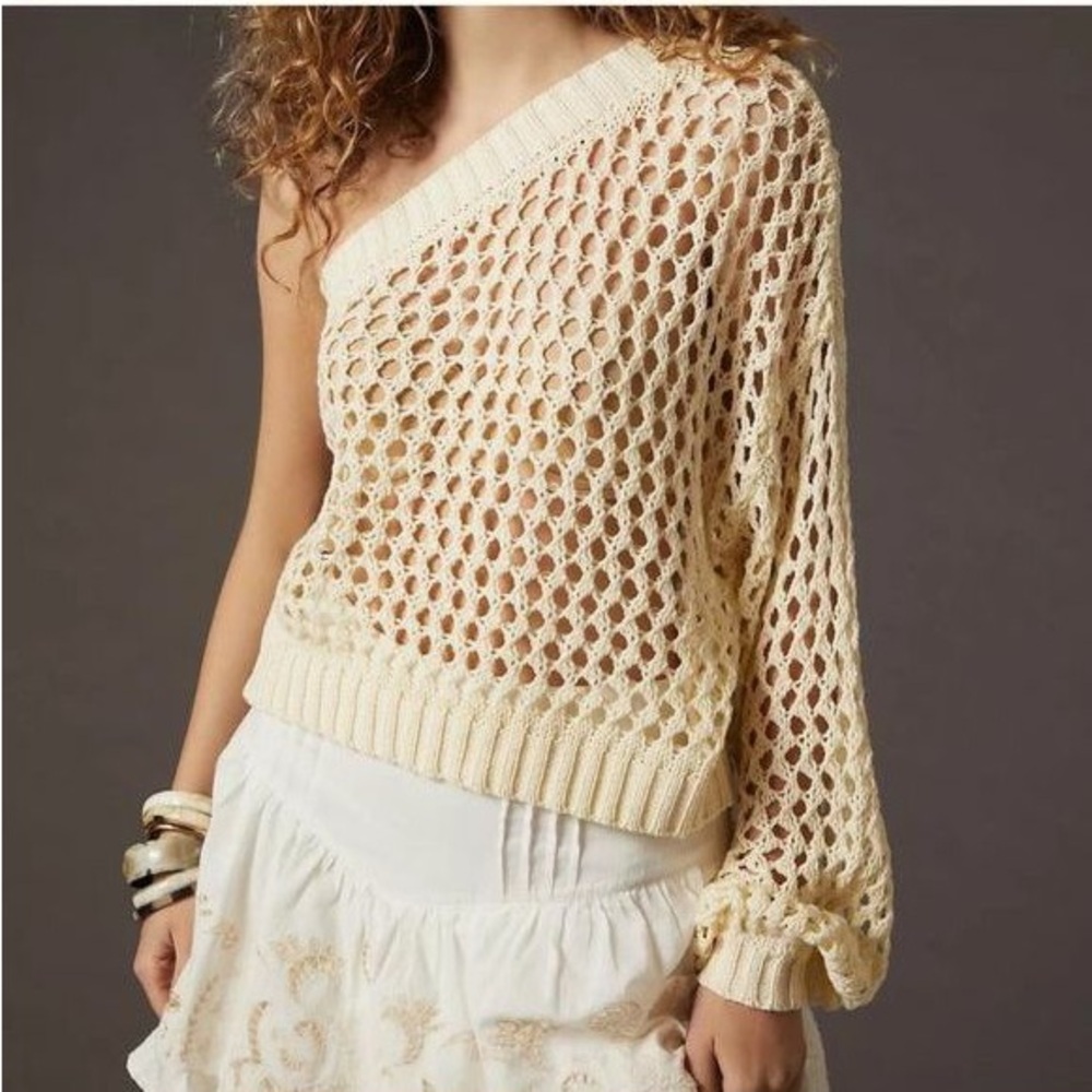 Anthropologie Cream One-Shoulder Mesh Blouse